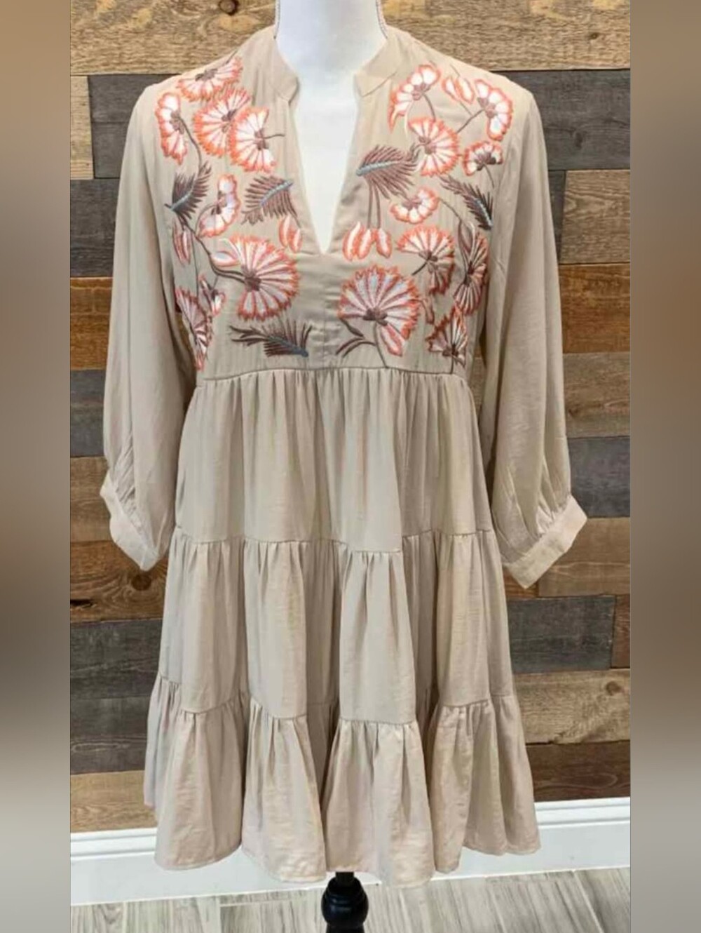 Rebel Gypsy entro Beige Tiered Dress with Coral Floral Embroidery